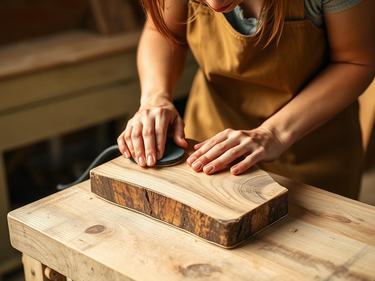 Sanding a small piece in the workshop.