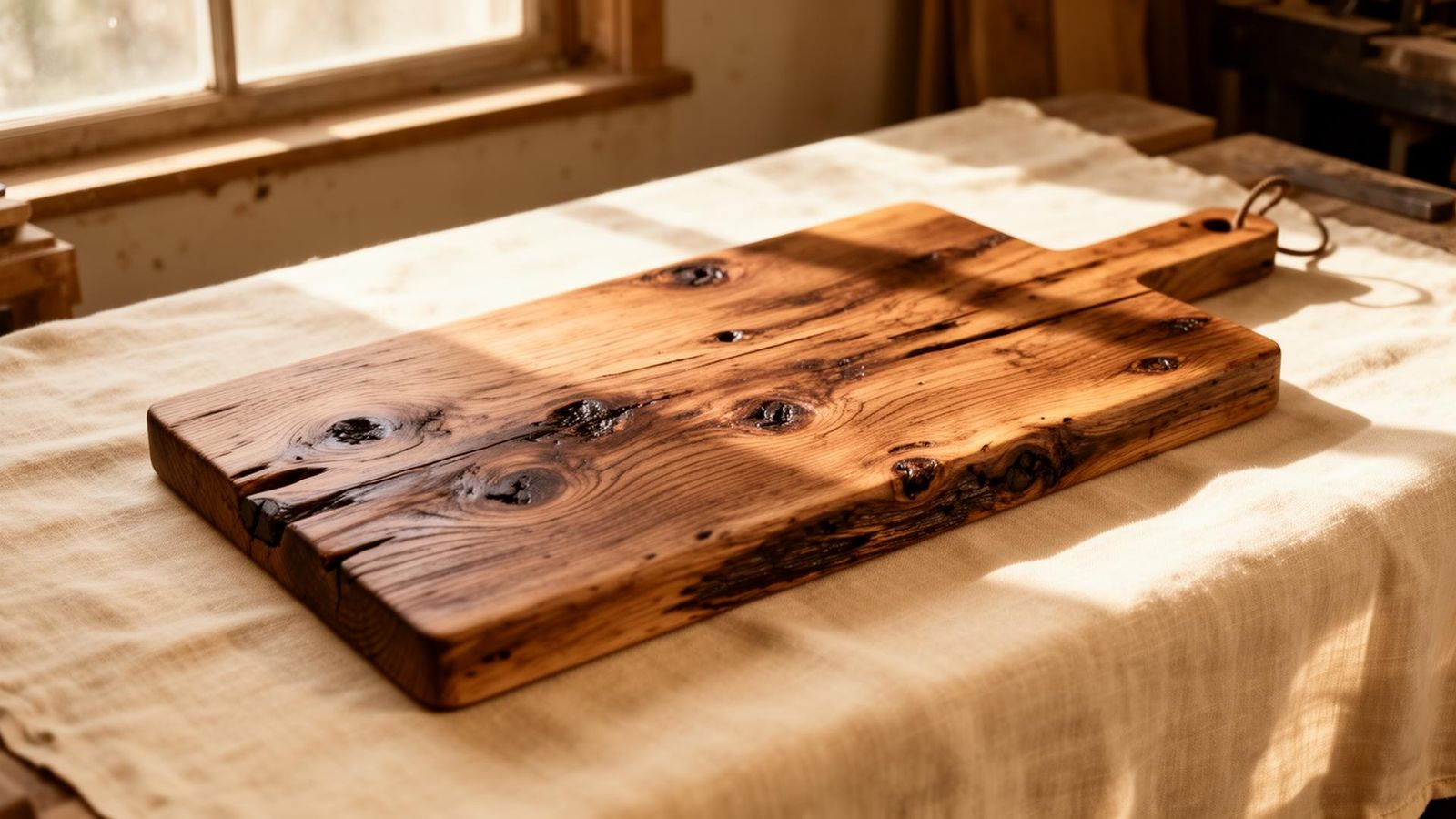 A handmade reclaimed oak charcuterie board on a linen-draped table in our Moorpark workshop.
