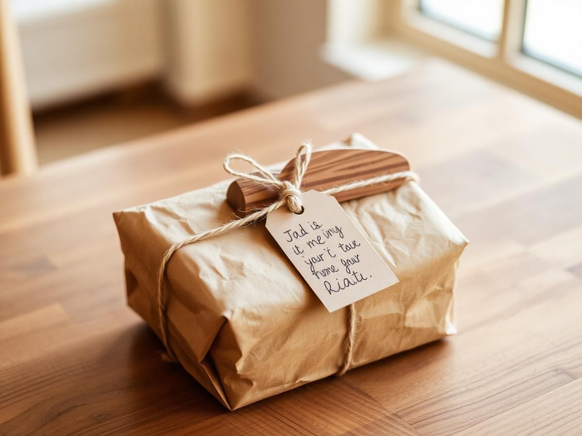 Brown kraft packaging tied with twine, with a small wooden gift tag.