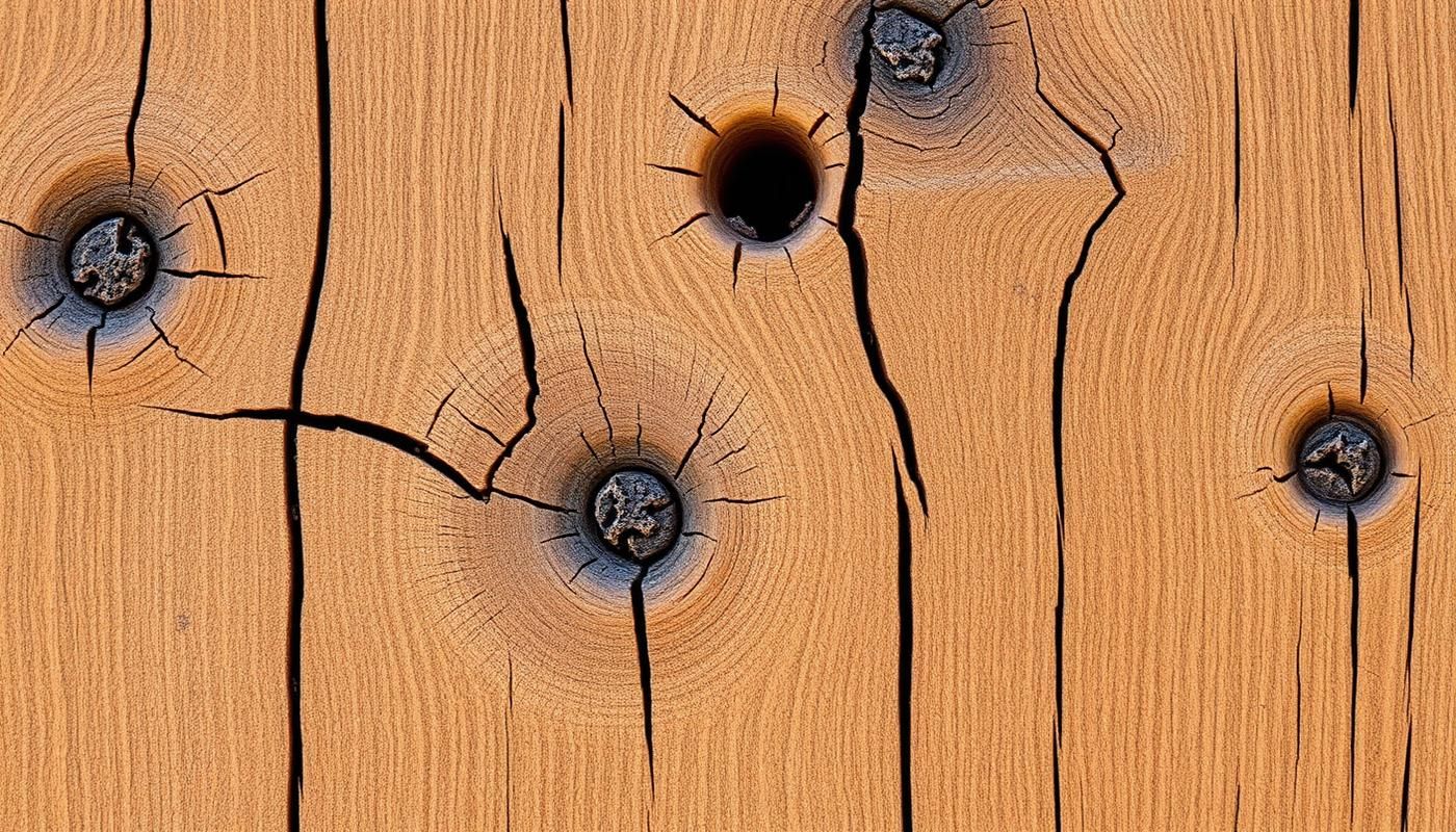 Close-up of reclaimed oak grain showing knots and nail marks.